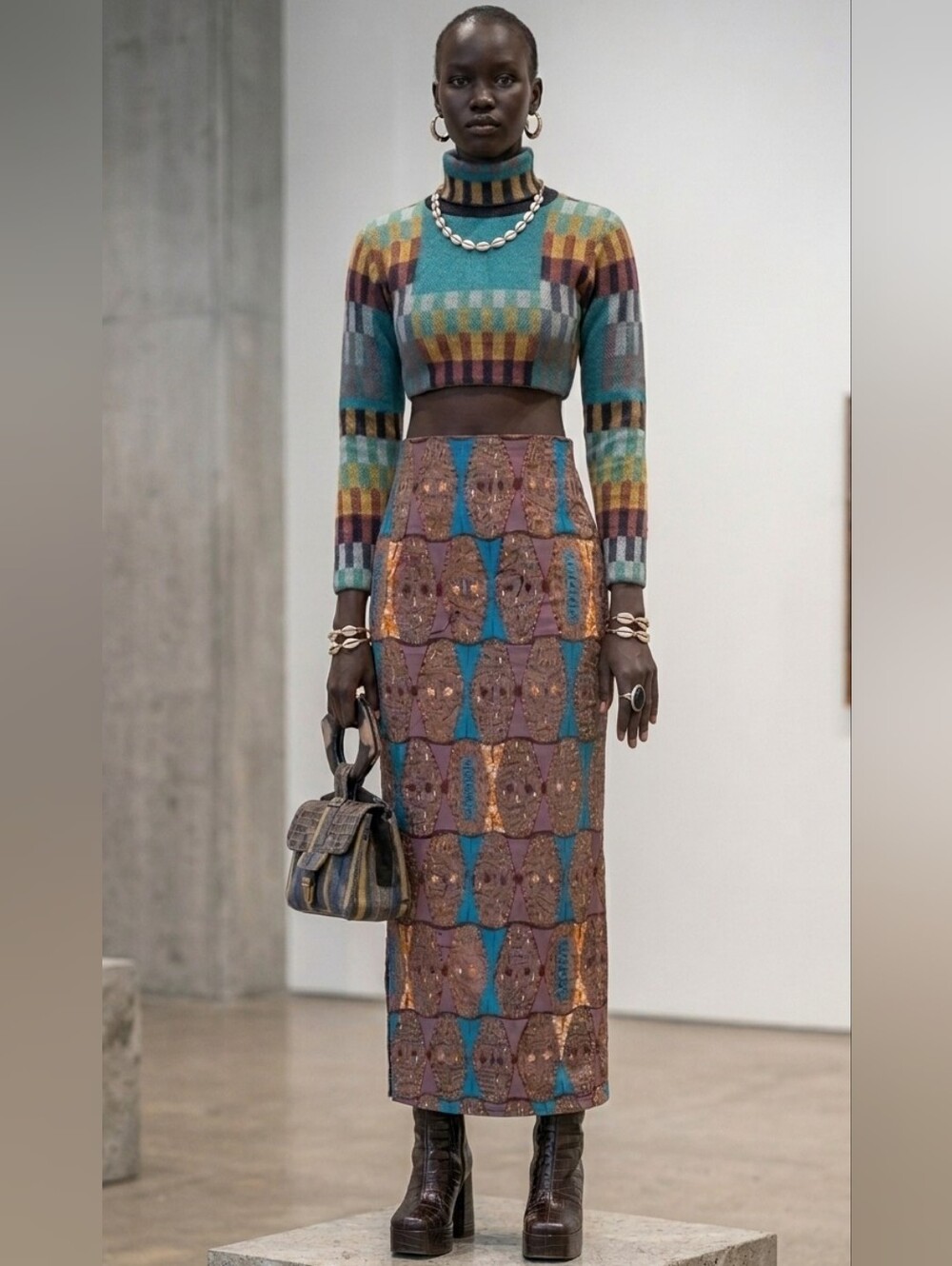 Ofuure African Print Midi Skirt Ankara Geometric Blue Brown High Waist Zip Slit